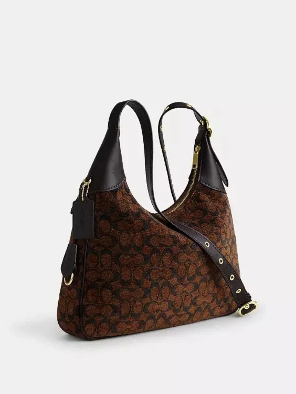 Coach Brown Signature Jacquard Shoulder Bag with Dark Leather Trim
